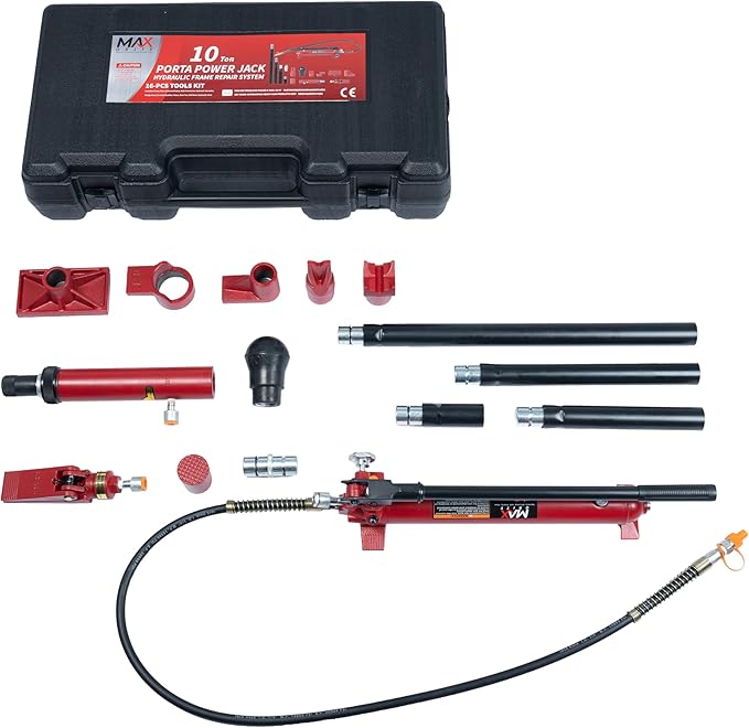 10 Ton (20,000 lbs Capacity) Porta Power Jack Hydraulic Ram Auto Body Frame Collision Repair Kit Set, 16-Pcs, with Blow Mold Carrying Case for Cars, Trucks, SUVs & More
