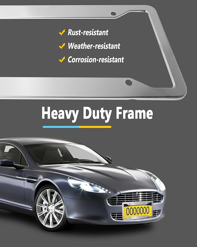 Stainless Steel License Plate Frames- 2 Pack Mirror Polished Front & Rear Auto Car Tag Holder, Heavy Duty Chrome Bracket with Mount Hardware, Screws Caps