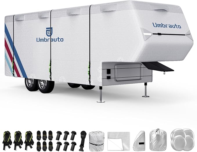 Umbrauto 5th Wheel RV Cover Upgraded 300D Waterproof Breathable Camper Covers Fits 28' - 31' Travel Trailer Motorhome with 2Pcs Extra Straps & Gutter Covers