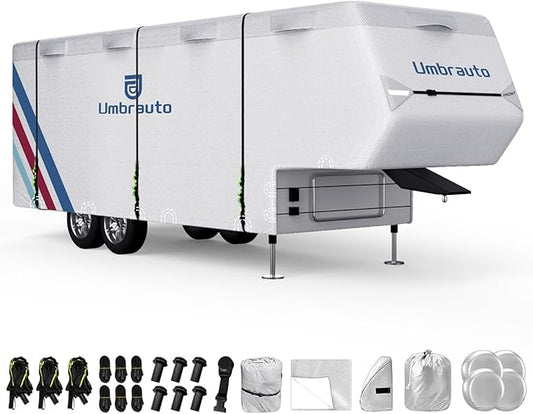 Umbrauto 5th Wheel RV Cover Upgraded 300D Waterproof Breathable Camper Covers Fits 28' - 31' Travel Trailer Motorhome with 2Pcs Extra Straps & Gutter Covers