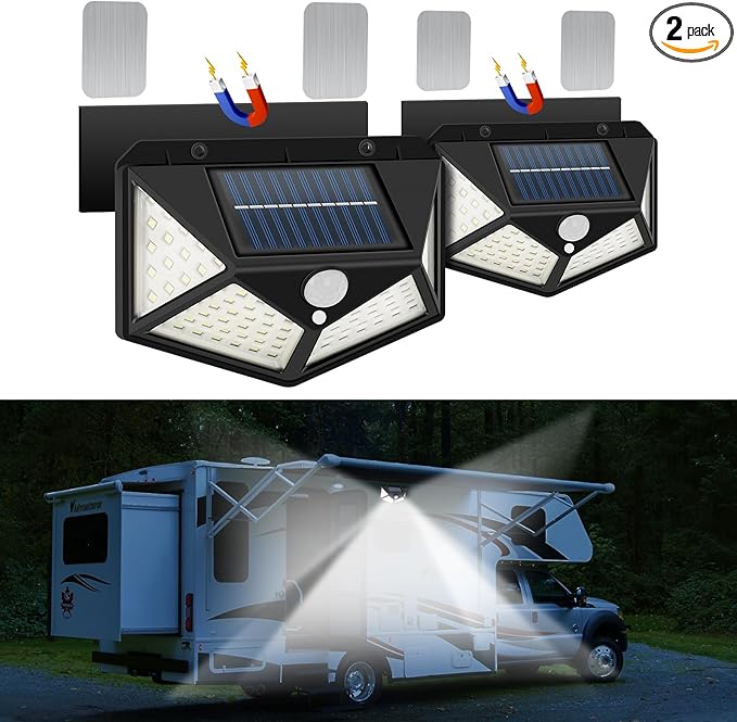 Solar RV Porch Lights | Motion Activated, Strong Magnetic Mount with Adhesive Metal Sheet for Any Material RV | Exterior Lighting for Trailer Awning, Camper Outdoor Accessories (2 Pack)