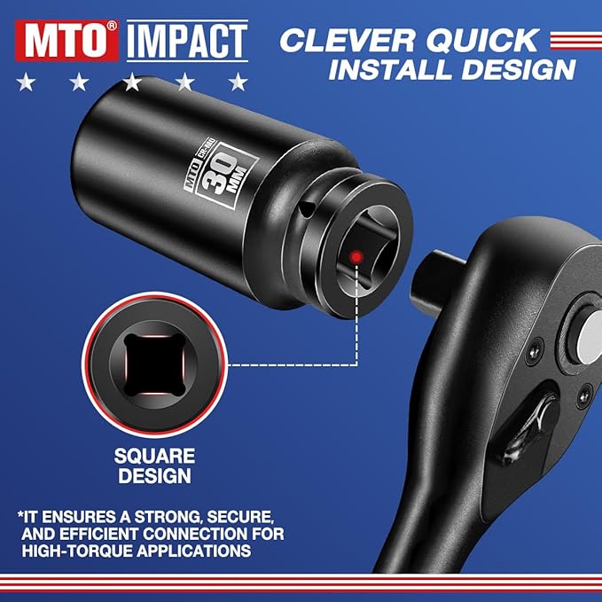 MTO 1/2" Drive 30mm Deep Impact Socket, 6 Pt. Metric Socket, CR-MO Steel & Anti-Corrosion Coating for Heavy-Duty Use