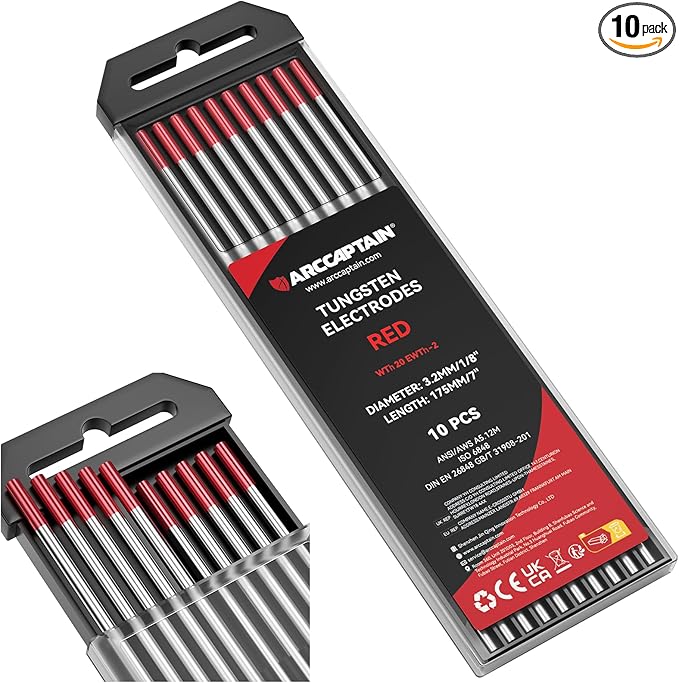 ARCCAPTAIN TIG Welding Tungsten Electrode 10-Pack 1/8"x 7"(Red, WT20/EWth-2)