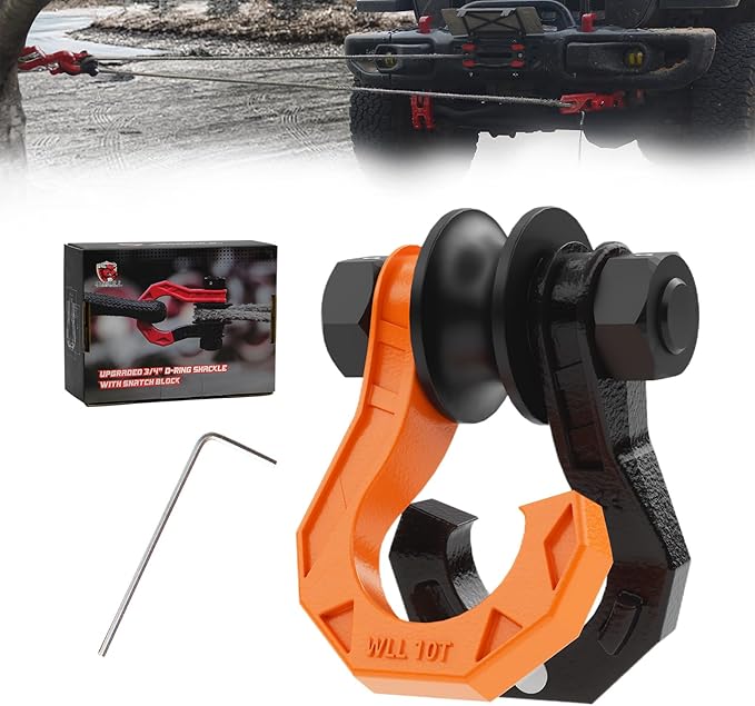 D Ring Separate Shackle with Snatch Block, 3/4" Shackles w/Snatch Block Pulley, Heavy Duty Shackle for Towing Winch, Pulley for Off-Road Vehicle Recovery, Truck, ATV, UTV, BlackOrange