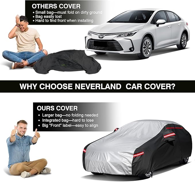 Neverland Car Cover - Car Cover Waterproof All Weather Snowproof UV Protection Windproof Full Car Covers with Side Door Zipper,Reflective Strips,Storage Bag Full Exterior Covers