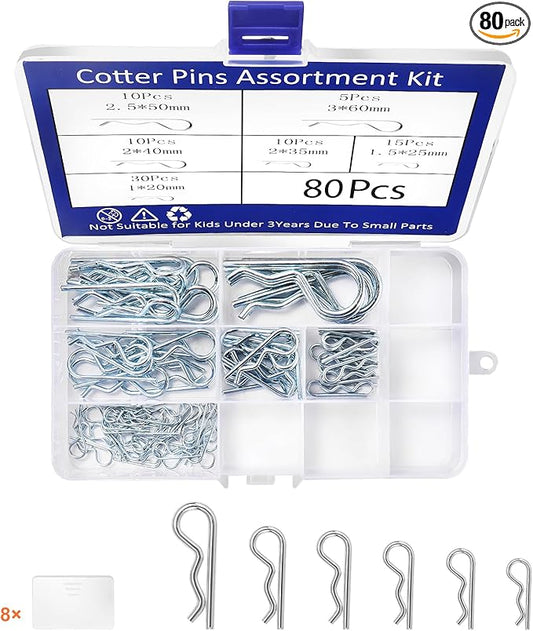 80Pcs Hitch Pin,6 Sizes Hardware Cotter Pins Clip Assortment Kit - 304 Stainless Steel R Hairpin Cotter Fastener Clip Suitable for Truck and Engine Maintenance, Hanging Needle Lock System
