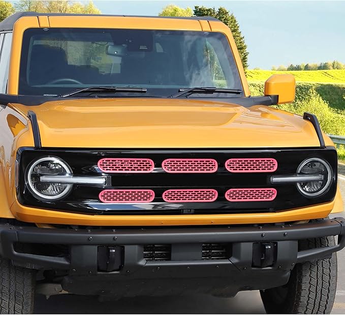 Jimen Compatible with Ford Bronco 2021-2023, 6PCS Front Grille Inserts Mesh Grill Cover Exterior Trim Accessories (Pink)