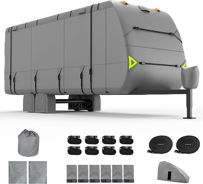 RV Cover, 30-33 FT Heavy Duty Travel Trailer Cover with 8 Layers Corner,Waterproof Camper Cover with 4 Tire Cover & Tongue Jack Cover