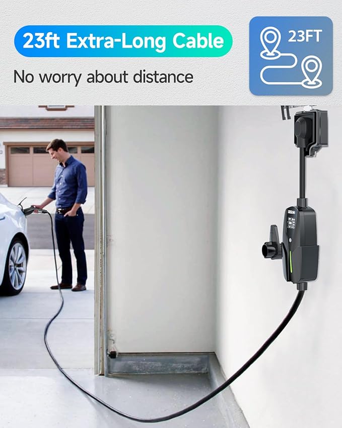 Level 2 EV (32A, 240V, NEMA 14-50 Plug), Portable Electric Car with 25ft Extension, Adjustable Current, Home Outdoor Level 2 Mobile Electric Vehicle Station (Black, 32A EV Charger)