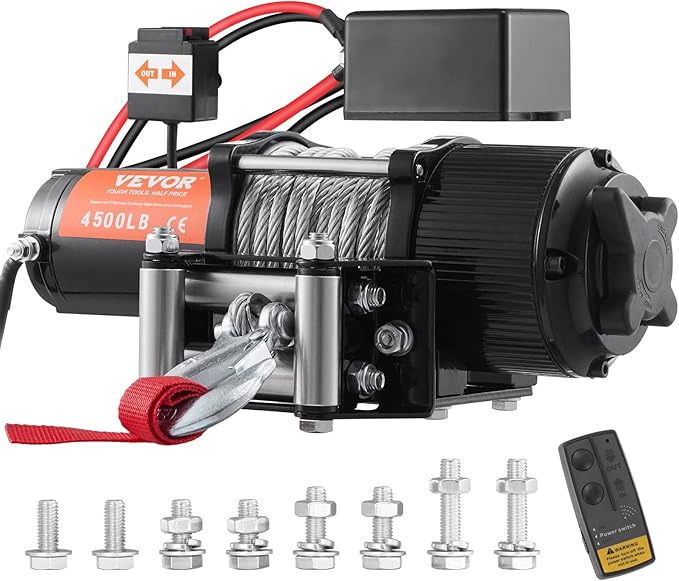 VEVOR Electric Winch, 12V 4500 lb Load Capacity Steel Rope Winch, IP55 1/4” x 39ft ATV UTV Winch with Wireless Handheld Remote & 4-Way Fairlead for Towing Jeep Off-Road SUV Truck Car Trailer Boat