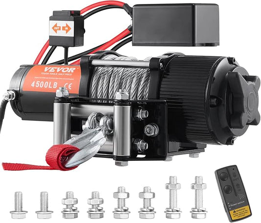 VEVOR Electric Winch, 12V 4500 lb Load Capacity Steel Rope Winch, IP55 1/4” x 39ft ATV UTV Winch with Wireless Handheld Remote & 4-Way Fairlead for Towing Jeep Off-Road SUV Truck Car Trailer Boat