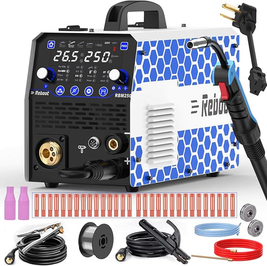 Reboot 250Amp MIG Welder 120V /240V RBM2500 PRO, 8-in-1 Multiprocess Welding Machine with Dual Aluminum Welding Modes, Gas MIG/Gasless MIG/MAG/Lift TIG/Stick/Spot/Spool Gun Compatible