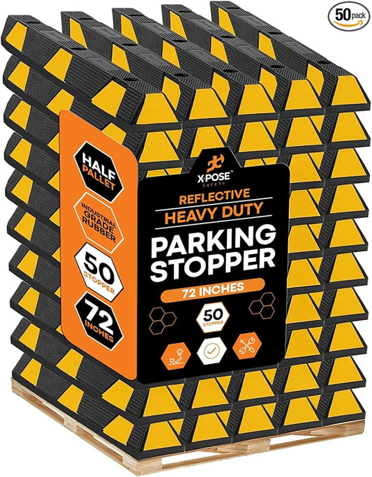 Xpose Safety 72" Heavy Duty Rubber Parking Stopper – Bulk Full Pallet 50 Pack Wheel Blocks for Garage, Driveway, or Ramp – Car Bumper Stop with Yellow Reflective Strips – Removable Floor Mount