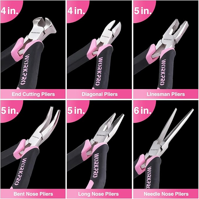 WORKPRO 6-Piece Mini Pliers Set, Needle Nose, Long Nose, Bent Nose, Diagonal, End Cutting and Linesman, for Crafts Work, Electronic Repair, with Pouch - Pink Ribbon
