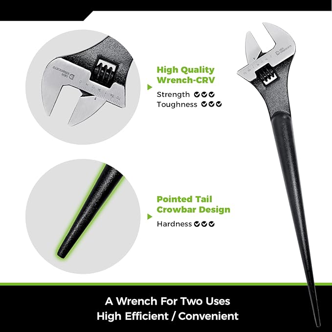 3-Piece Adjustable Construction Spud Wrench Set, 10-inch, 12-inch, 16-inch, SAE and Metric Scale Marked, CR-V Steel with Black Oxide Finish, Alignment Holes and Tail Crowbar Features