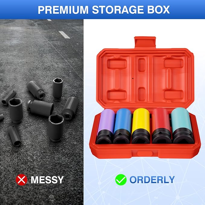 5 PCS 1/2" Drive Wheel Protector Impact Socket,Metric Size15-17-19-21-22mm,Non-Marring Lug Nut Thin Wall Deep Socket Set, CR-MO, 6 Point, Color-Coded Protective Socket