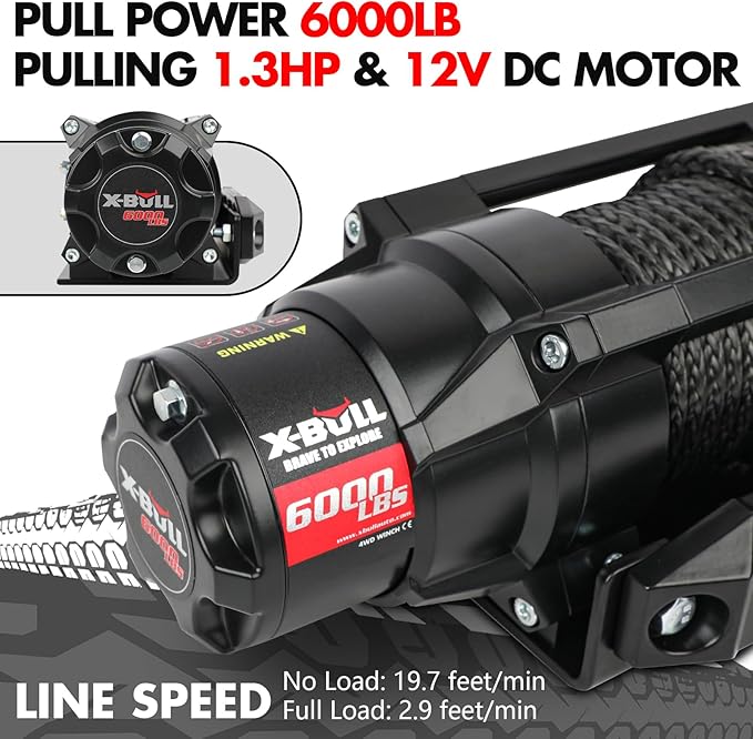 X-BULL New 6000LBS IP68 Waterproof Electric Winch Boat Trailer Winch with 2 in 1 Wireless Remote Synthetic Rope 1/4 in x49.8ft Hook Automatic Braking Powersports Off Road
