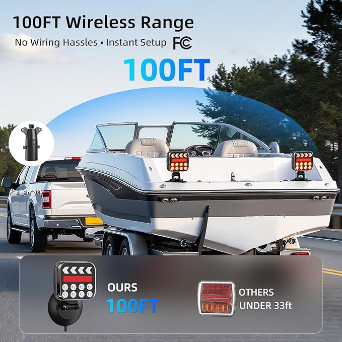 Wireless Trailer Lights Magnetic, Rechargeable LED Tail Lights with 2.4GHz Wireless Signal, Adjustable Magnetic Tow Light for Trucks, Boats, RVs, Campers, IP67 Waterproof Trailer Light Kit