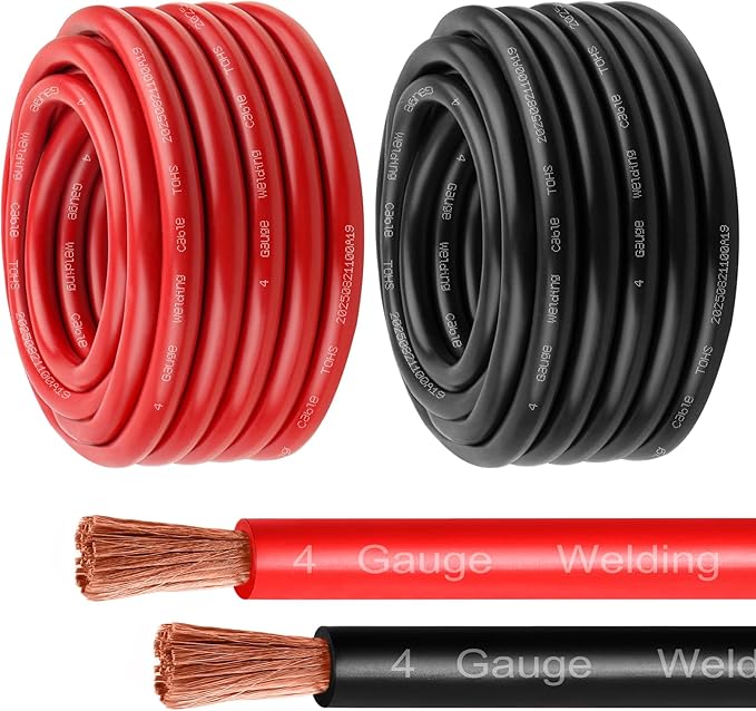 4 Gauge Battery Cable - 25FT Red + 25FT Black 4 AWG Welding Cable Flexible Stranded Oxygen-Free Pure Copper Wire for Automotive, Battery, Inverter, Solar, Marine and Generator