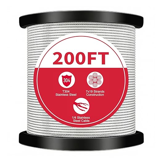 1/4" Stainless Steel Cable,7x19 Strand Aircraft Wire Rope,Cable for and Outdoor Pulley Cables,Breaking Strength 6400 Ibs (1, 200FT)