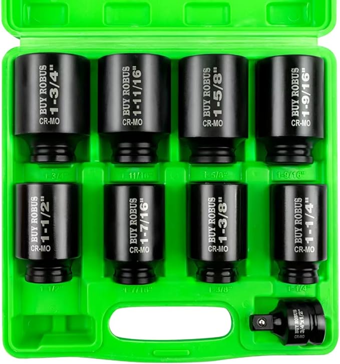 1/2" Drive Impact Socket Set, 9-Piece Standard SAE Deep Axle Nut Sockets, 6-Point, Cr-Mo,1-1/4，1-3/8，1-7/16，1-1/2，1-9/16，1-5/8，1-11/16，1-3/4, Impact Socket Adapter (3/4" x 1/2")