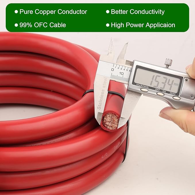 4/0 Gauge Battery Cable - 3FT Red + 3FT Black 4/0 AWG Welding Cable Flexible Stranded Oxygen-Free Pure Copper Wire for Automotive, Battery, Inverter, Solar, Marine and Generator