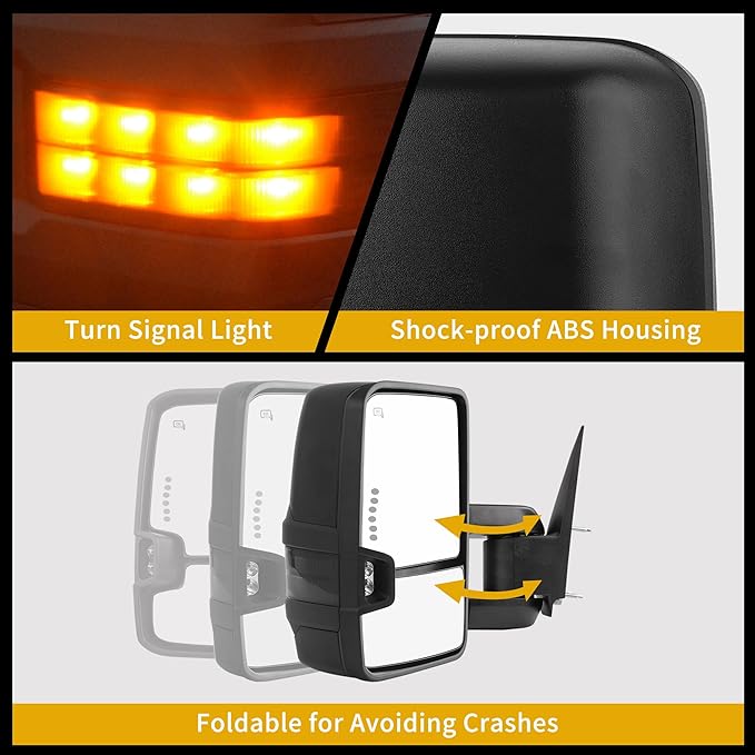 DWVO Towing Mirrors Compatible with 07-13 Silverado 1500 2500 3500 Avalanche Tahoe Suburban GMC Yukon Sierra Cadillac Power Heated Manual Folding Telescoping LED Turn Signal Light Black