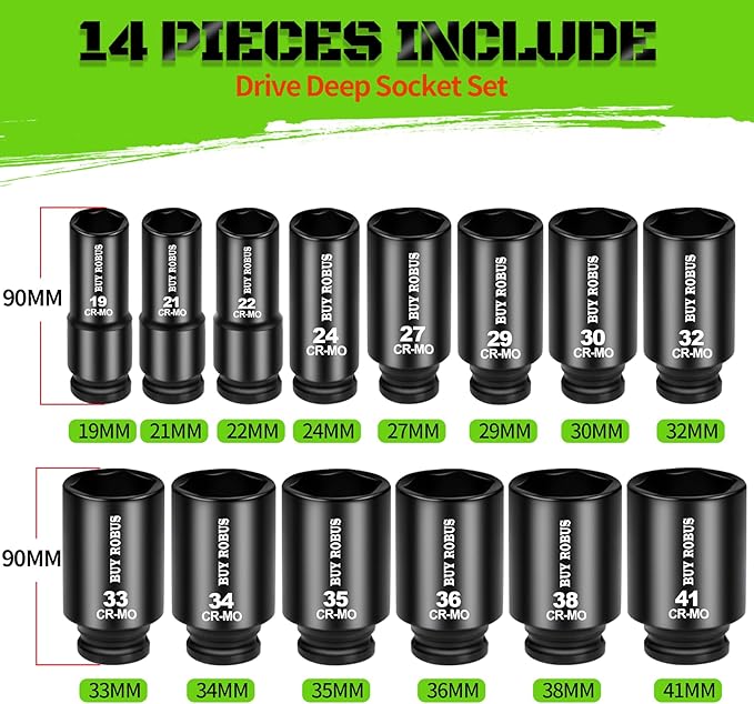 3/4 inch Drive Impact Socket Set, 14 Piece Heavy Duty CR-MO Deep/Jumbo Sockets 6 Point Design, Metric 17MM to 38MM, for Large Vehicle and Apparatus Maintenance