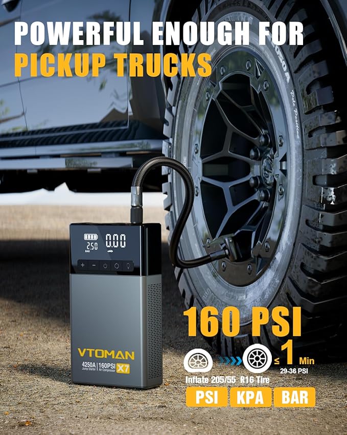 VTOMAN X7 Jump Starter with Air Compressor, 4250A&160PSI Pickup Trucks & Suvs Battery Car Jumper Starter Portable(10L Gas/10L Diesel) with Auto-Shutoff Tire Inflator, 12V Lithium Booster Box, QC3.0