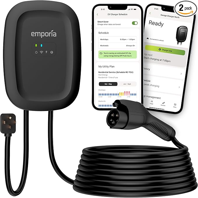 EMPORIA Level 2 EV Charger - NEMA 14-50 EVSE w/ J1772 Charger - 48 amp EV Level 2, 240v WiFi Enabled Electric Vehicle Charging Station, 25ft Electric Cable, Black