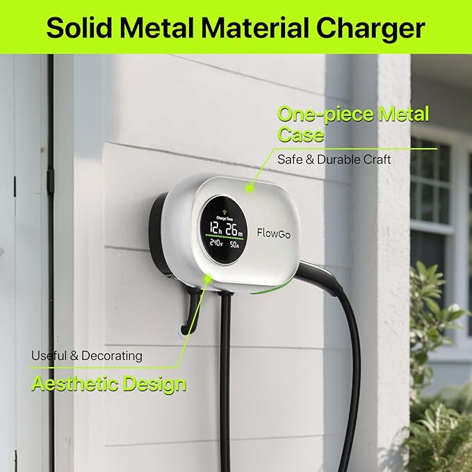 Tesla Charger Level 2 Hardwire 50A Smart Home Charger NACS 240V EV Chargers 50 Apms Large Motion-Activate Display Screen One-Piece Housing Metal Case 25 FT Cable NEMA 14-50 Plug