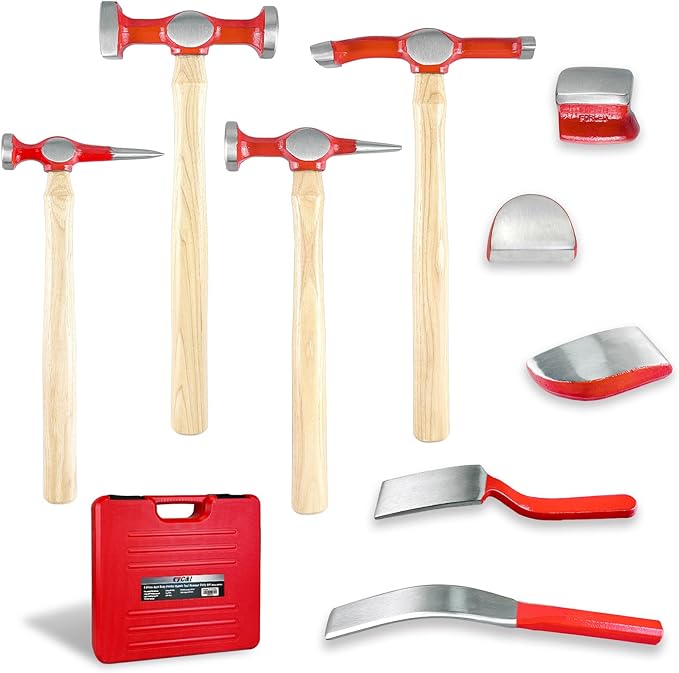 C&T 9 Piece Heavy Auto Body Repair Tool Hammer Dolly Set, Car Body Repair Tool Kit with Carrying Case, Hickory Handles,Fender Repair kit
