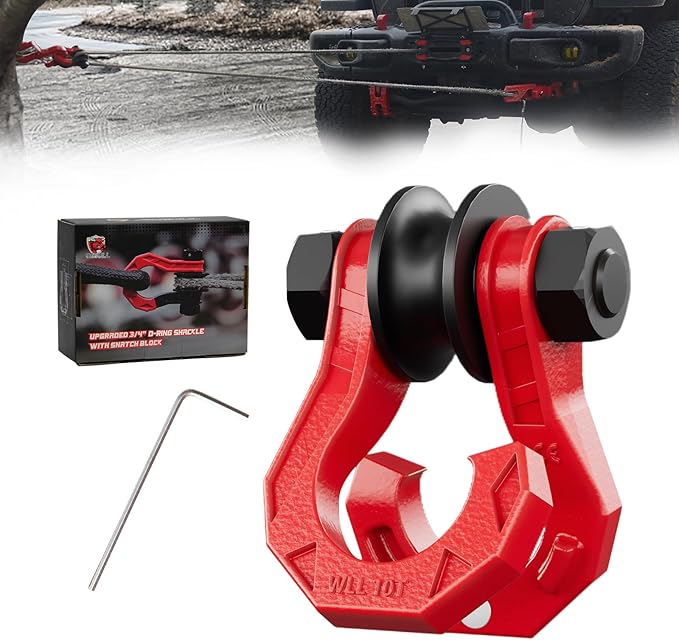 D Ring Separate Shackle with Snatch Block, 3/4" Easy Open Shackles w/Snatch Block Pulley, Heavy Duty Shackle for Towing Winch, Pulley for Off-Road Vehicle Recovery, Truck, ATV, UTV, BlackRed