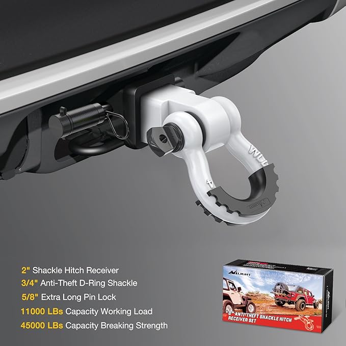 Nilight Anti-Theft Shackle Hitch Receiver 2Inch 45000 LBs Breaking Strength 3/4" Anti-Theft D Ring Shackle 5/8" Trailer Hitch Lock Pin Heavy Duty Solid Towing Kit for Trucks Off Road (White)