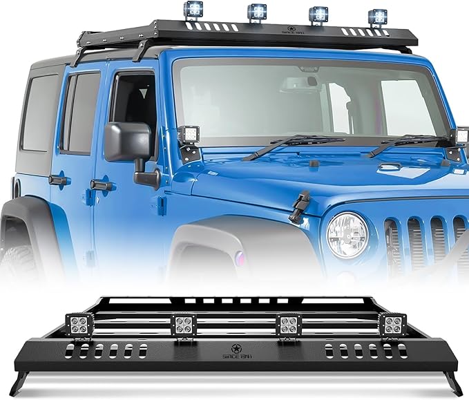 Roof Rack Cargo Basket with 4 PCS LED Light Bar Compatible for 2007-2025 Jeep Wrangler JK JL Unlimited & Gladiator JT 4 Door Hardtop, JKU JLU Luggage Rooftop Storage Carrier (Since 1941)