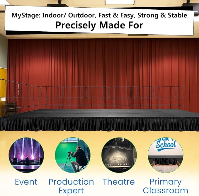 12x24' Portable Stage with 10 Railings & 6 Skirts - Performance Floor Modular System - DJ, Drum, Camera Stage Riser - Easy to Carry & Transport