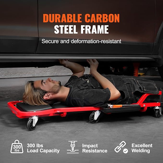 VEVOR Mechanic Garage Creeper, 44-Inch, 300 lbs Capacity Automotive Rolling Creeper with 6 Casters Adjustable Cushioned Headrest Tool Tray, Heavy Duty Steel Frame for Garages, Repair Shops, and DIY