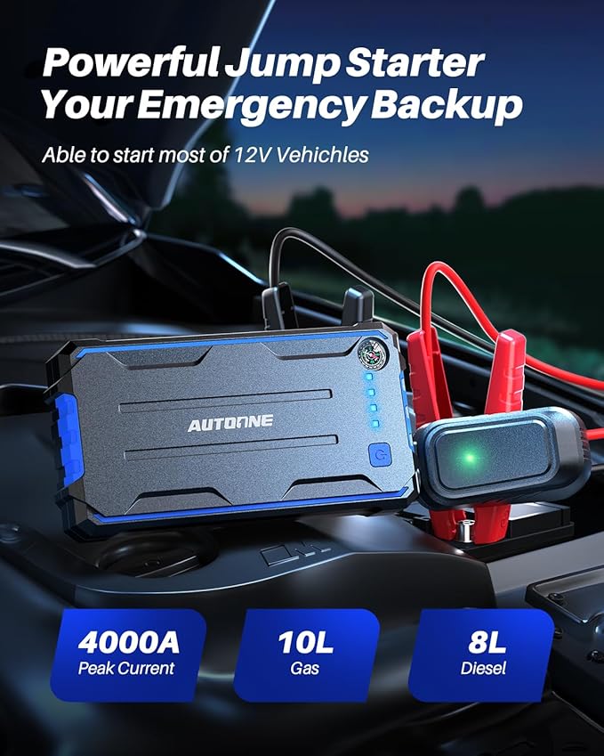 AUTOONE 4000A Car Jump Starter, Battery Jumper Starter Portable for Compact Car Up to 10.0L Gas and 8.0L Diesel Engine Jump Box with Jumper Cables, USB Output and LED Light