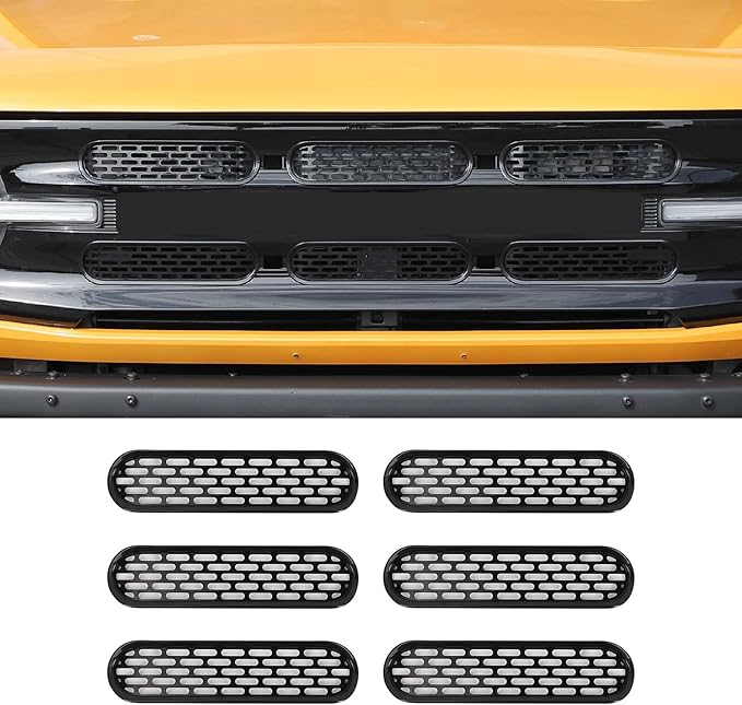 Front Grill Mesh Grille Inserts Cover Frame Trims Kit 6Pcs Fit for Ford Bronco 2021-2024 2/4 Door Exterior Accessories (Black)