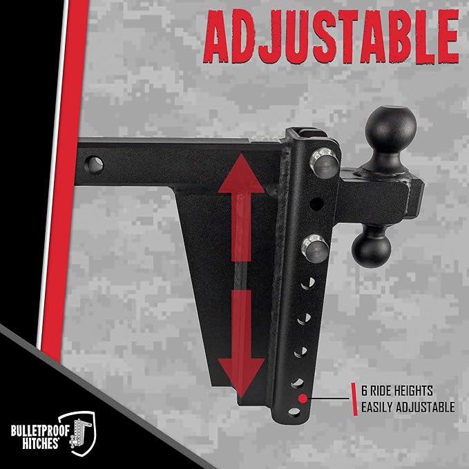 BulletProof Hitches - 2.0" Adjustable Extreme Duty Trailer Hitch (30,000 lb. Rating) - 10" Drop/Rise with 2" and 2 5/16" Dual Ball - Powder Coat, Solid Steel, Corrosion-Resistant