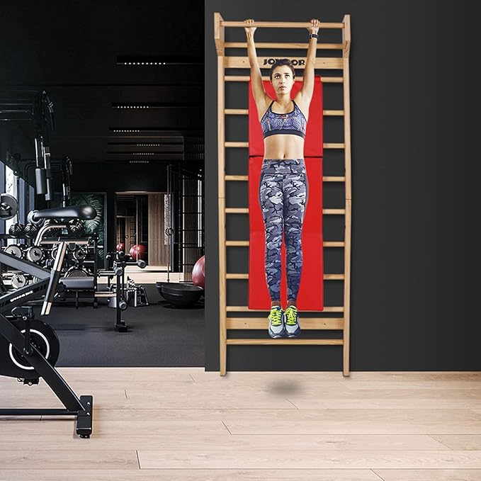 JOYMOR Gymnastics Swedish Ladder, Multiuse Exercise Ladder, Wall Mounted Pull Up Bar, Physical Therapy for Stretching and Various Exercises, Indoor Gym Workout Yoga (Wood Stall Bar)