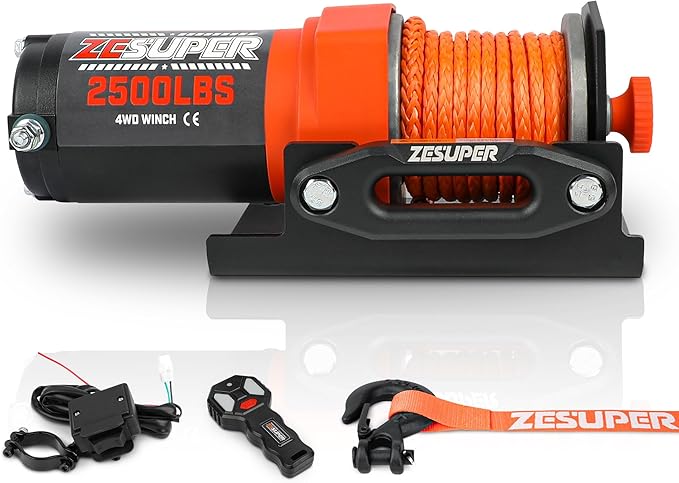 ZESUPER 2500 lb 12V DC Electric Winch 30 ft Synthetic Rope Off Road Waterproof UTV ATV Boat Winch Kits with Wireless Remote,Handheld Switch