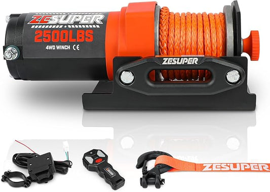 ZESUPER 2500 lb 12V DC Electric Winch 30 ft Synthetic Rope Off Road Waterproof UTV ATV Boat Winch Kits with Wireless Remote,Handheld Switch