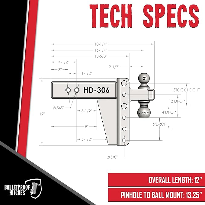 BulletProof Hitches - 3.0" Adjustable Heavy Duty Trailer Hitch (22,000 lb. Rating) - 6" Drop/Rise Trailer Hitch with 2" & 2-5/16" Dual Ball - Powder Coat, Solid Steel, Corrosion-Resistant