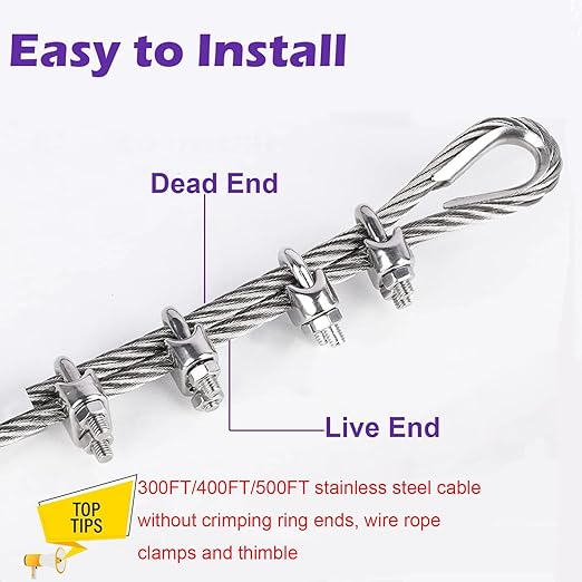 1/4" Stainless Steel Cable, 400 ft, 7X 19 Strands Wire Rope, 6400lbs Breaking Strength, Steel Aircraft Cable for Yard Zipline, Deck Railing, Boat Lifts, Dog Run, Straightening Trees