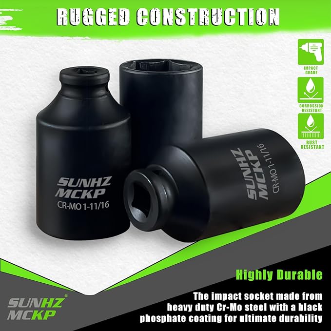 SUNHZMCKP 1/2" Drive Impact Socket, SAE 1-11/16 In Deep 6 Point, CR-MO, Axle Nut Impact Grade for Easy Removal