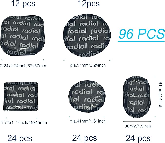 Professional Self-Vulcanizing Tire Repair Patches 96 pcs - Multi-Size (41mm to 57mm) Radial Tire Patch Kit for Cars/Trucks/Motorcycles, Heavy Duty, Heat