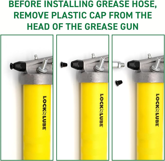 LockNLube Premium Pistol-Grip Grease Gun. Includes our patented LockNLube® Grease Coupler (locks on, stays on, won't leak!) plus a high-quality 20" hose and in-line hose swivel.