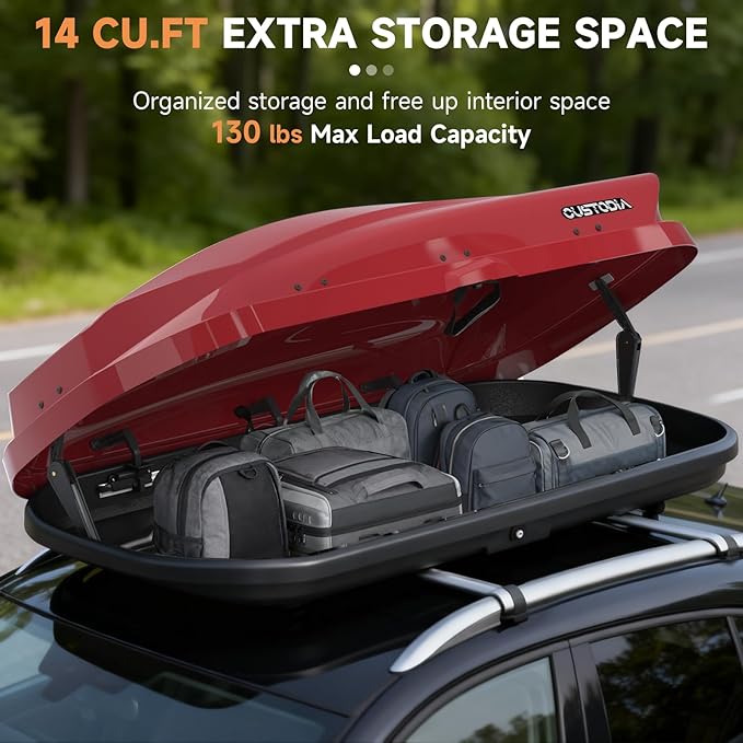 Hard Shell Roof Cargo Carrier with Security Keys, Roof Box, Cargo Box, 62.52 (L) x32.48 (W) x 13.19(H) Inches, 14 Cubic Feet (Tool-Free Install), Red