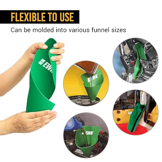 EWK Flexible Oil Funnel, Spill-Free, Reusable Moldable Funnel for Clean Oil Changes, Car & Motorcycle Maintenance, Coolant & Fluid Draining, Easy Store Roll-Up Design